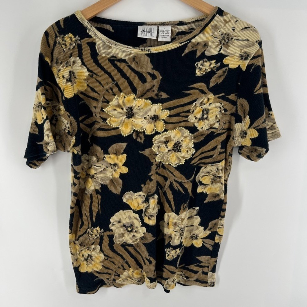 VTG 90s Top L Floral Beaded Sz L Ribbed Whimsigoth Grunge Fairycore Boho Knit